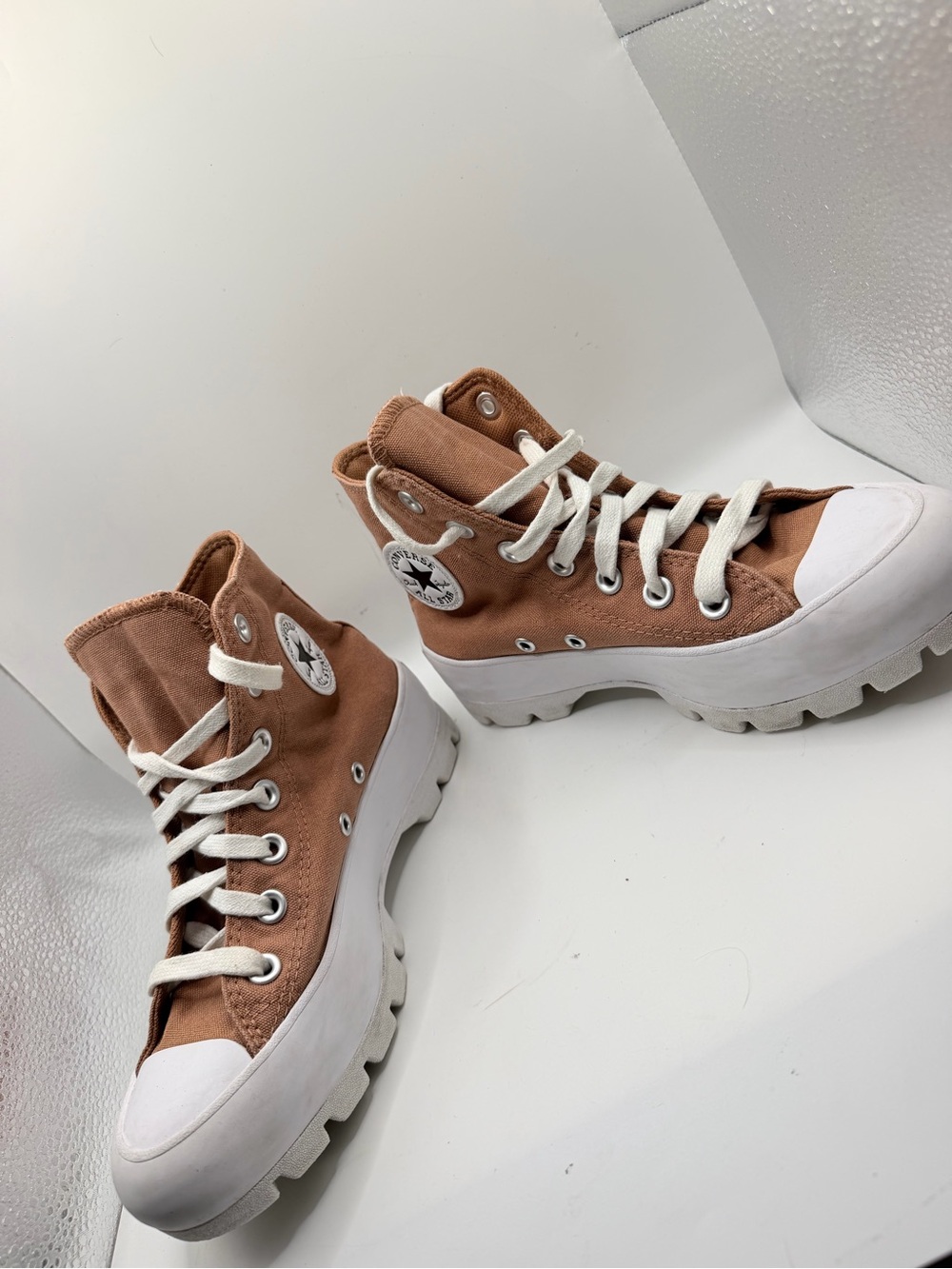Converse High-Top Platform Sneakers in Rust Brown and White